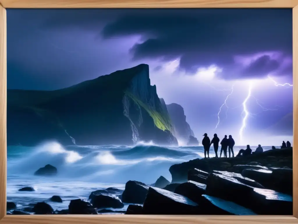 A tempestuous sea roars at a cliffy shore, lightning strikes ominous clouds above, three figures huddle for safety in a wooden boat