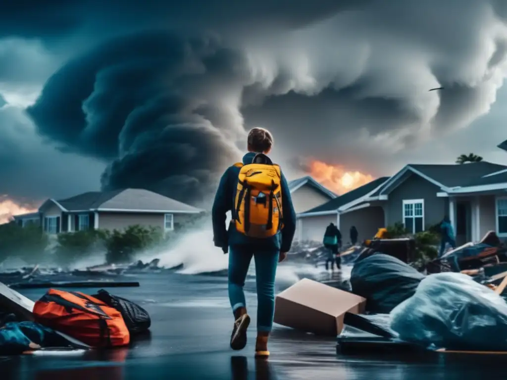 A girl and boy cling to each other in a raging hurricane, their backpacks filled with resources from a child safety kit