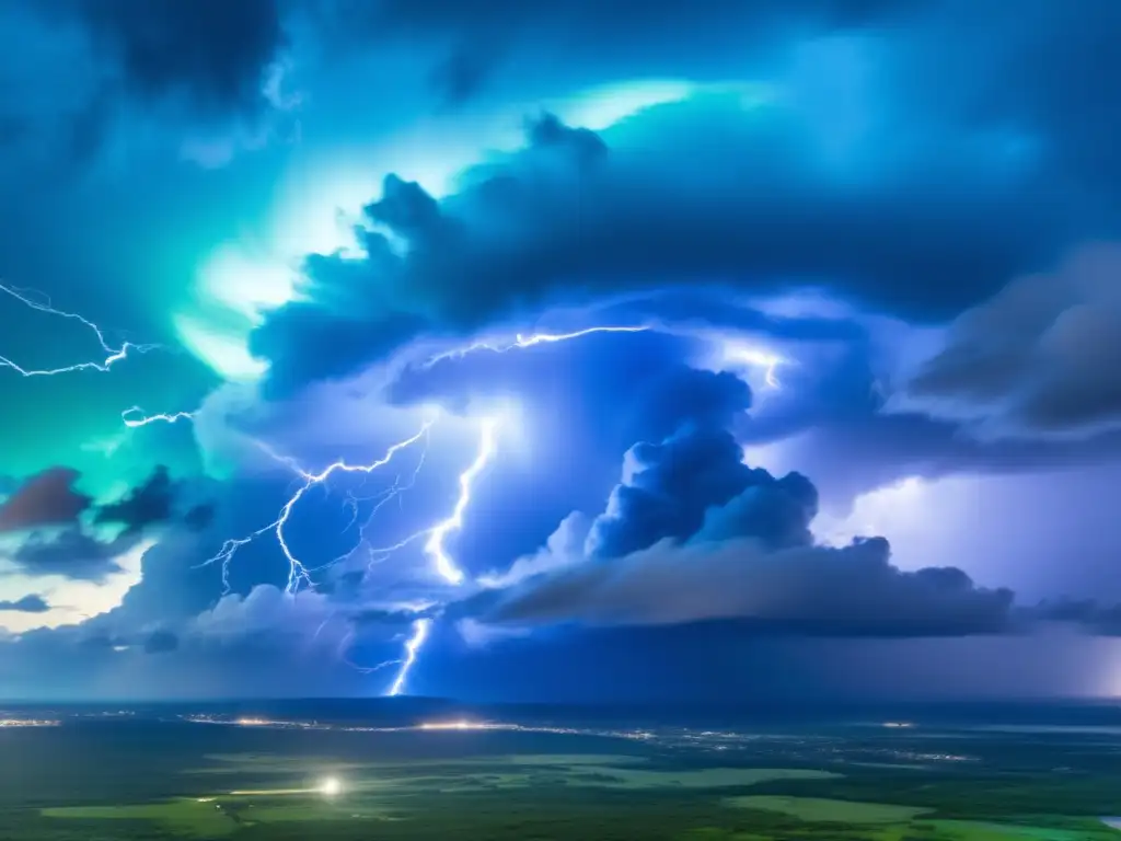 A dynamic, swirling mass of vibrant blue color, with lightning bolts streaking across the [Hurricane Name], viewed from high above