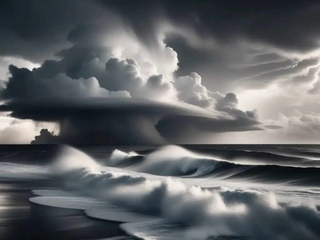 A powerful, black and white image of a hurricane brewing in the ocean, with towering cumulonimbus clouds and a glimpse of the churning sea below