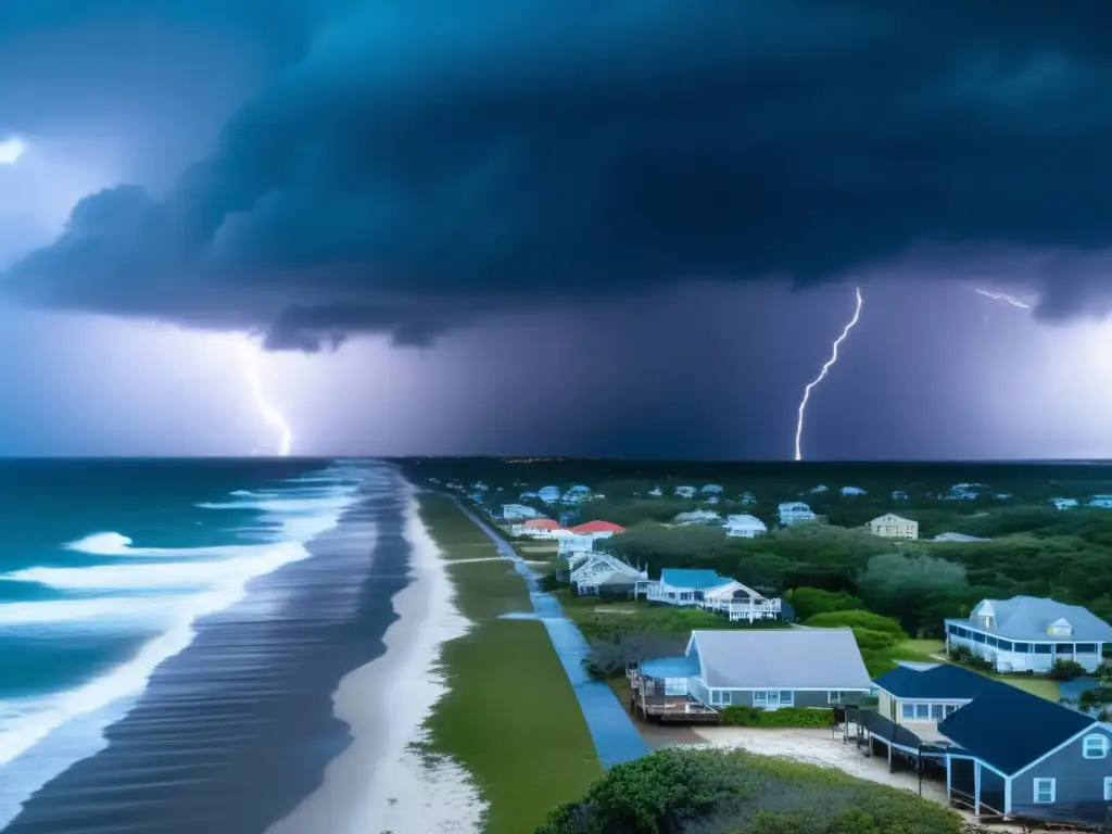 In the midst of chaos: a dramatic aerial view of a coastal town hit by a hurricane