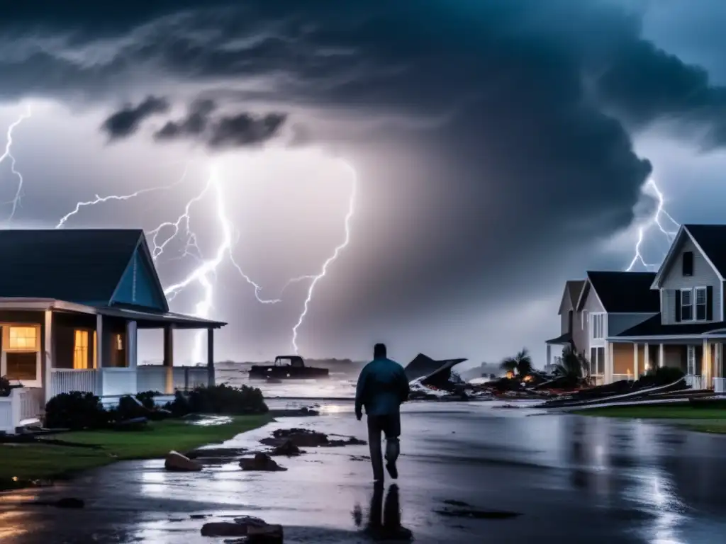 A hurricane rages in the distance, a bleak lone figure in the foreground, silhouette etched with sadness, blue skies illuminated by lightning flashes