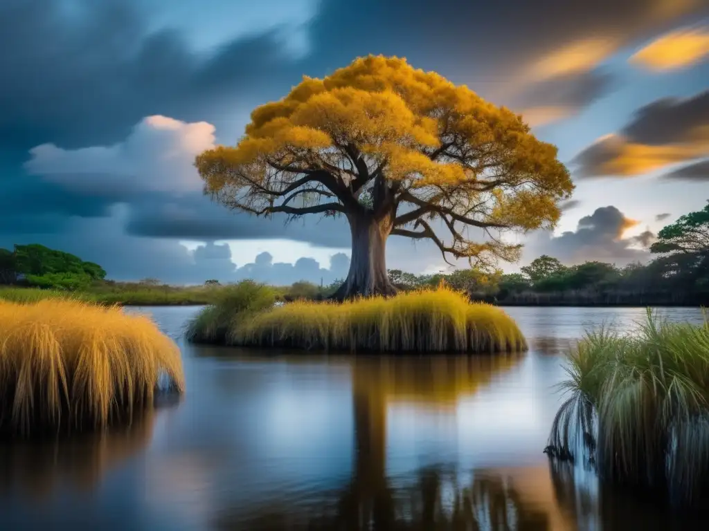 A golden, wavy tree stands tall in the center of a small bayou, its branches reaching towards the sky