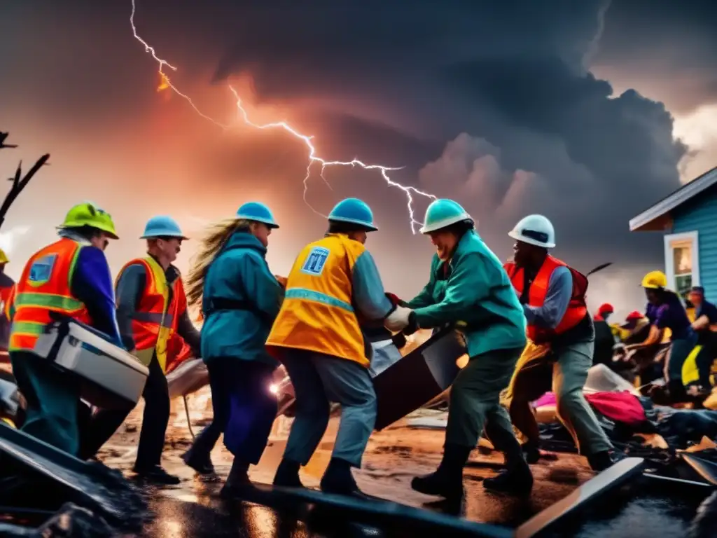 Dash image - A cinematic sight of hands extended in relief, lifting equipment and giving comfort to those affected by the heavy storm