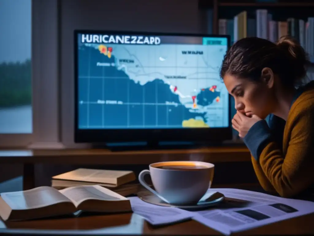 A somber figure sits alone in a dimly lit room, gazing intently at a hurricane warning map with heavy rain pouring down in the background