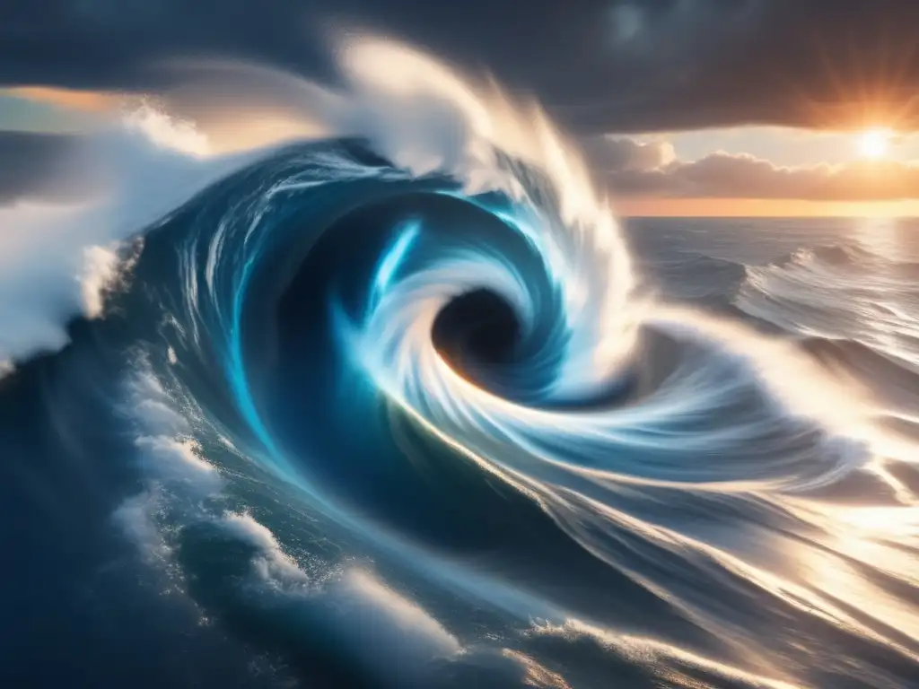 A cinematic style image captures the intensity of a Category 5 hurricane, forming a whirlpool over the deep blue ocean