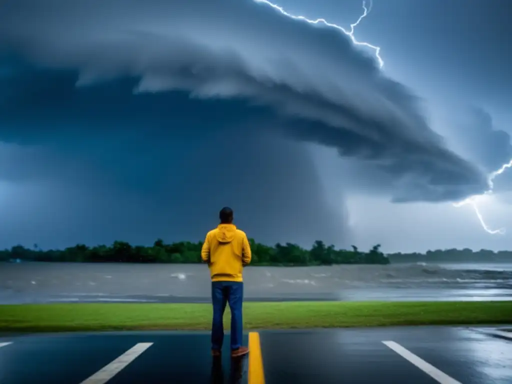 A lone figure standing against the storm: A person bravely blows a whistle amidst flying debris and torrential rain during a hurricane