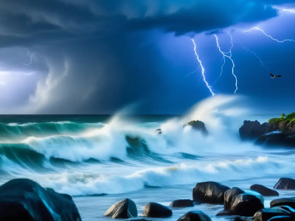 A dramatic scene of a diverse group of animals seeking shelter from a hurricane on a rocky shoreline