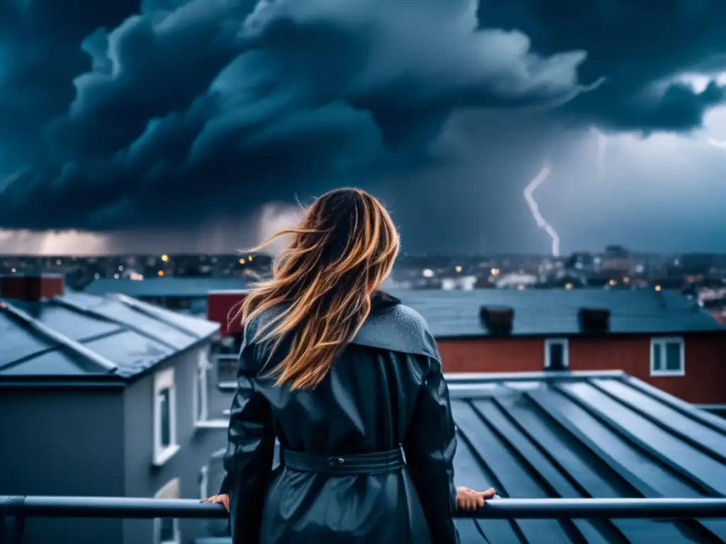 Amidst the fierce winds and stormy clouds, a woman stands on a rooftop, clinging to safety with determination in her expression