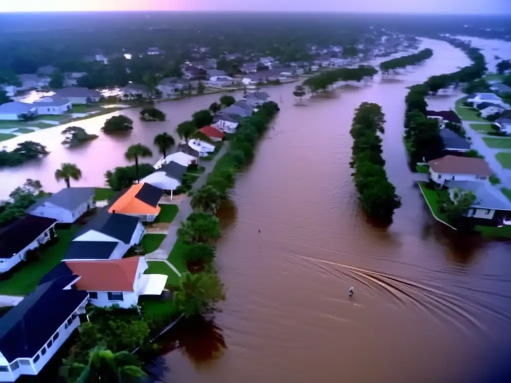 An aerial shot of the 1979 Hurricane ravaging coastal towns in orange glow, leaving behind widespread damage to homes, businesses, and infrastructure