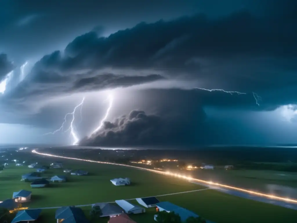 An 8k ultra-detailed depiction of the 1979 hurricane with a cinematic style, showcasing a dark and stormy sky with raindrops and lightning bolts