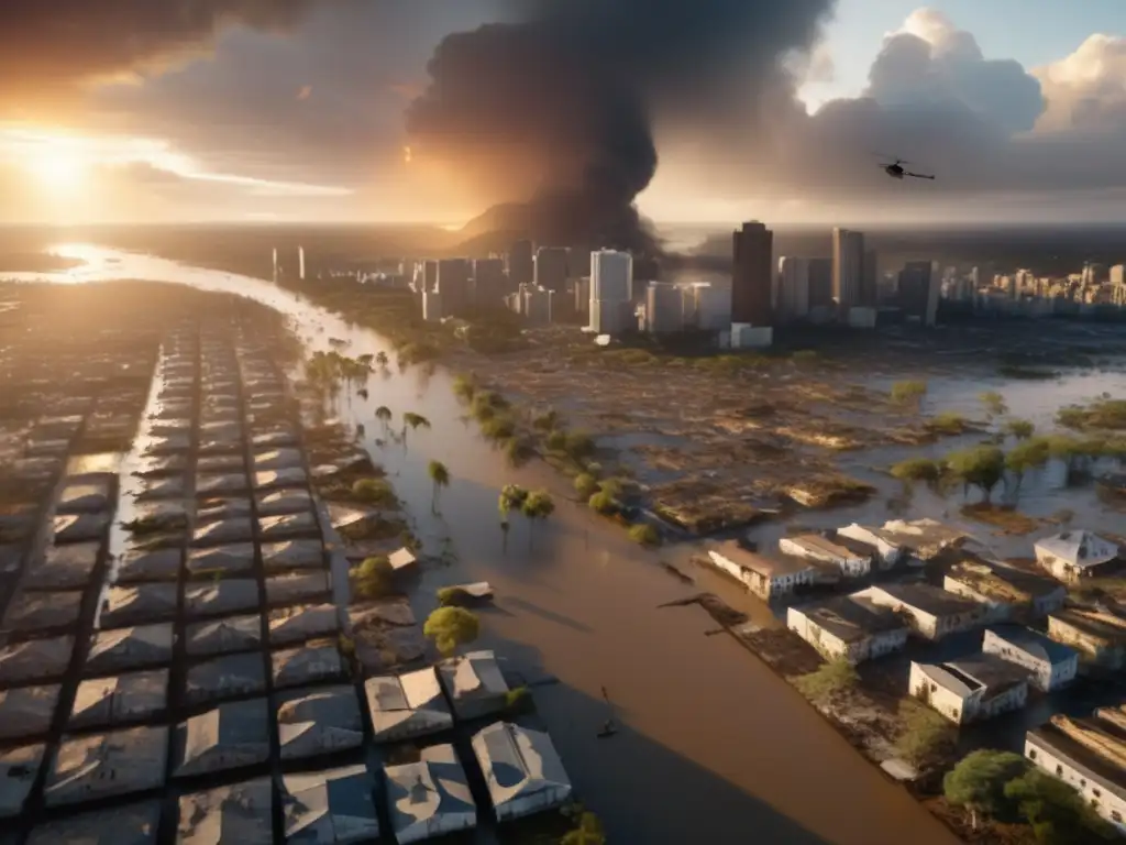 An aerial view of a destroyed cityscape taken from a helicopter