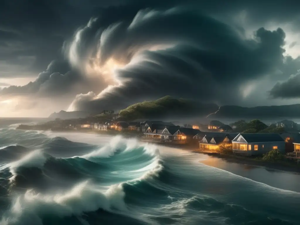 Here's an ALT text in English that captures the essence of the image: A dramatic aerial shot of a hurricane in full swing over a coastal town