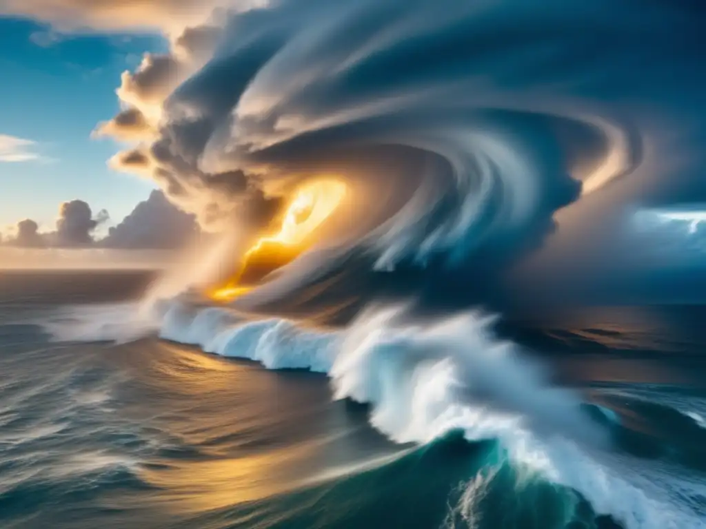 Hurricane wreaks havoc as water swirls in golden glow, cinematic shot captures action dryly