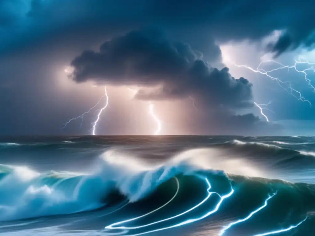 A breathtaking aerial view of a hurricane's power, with lightning boosting the storm's intensity and waves crashing onto the shore