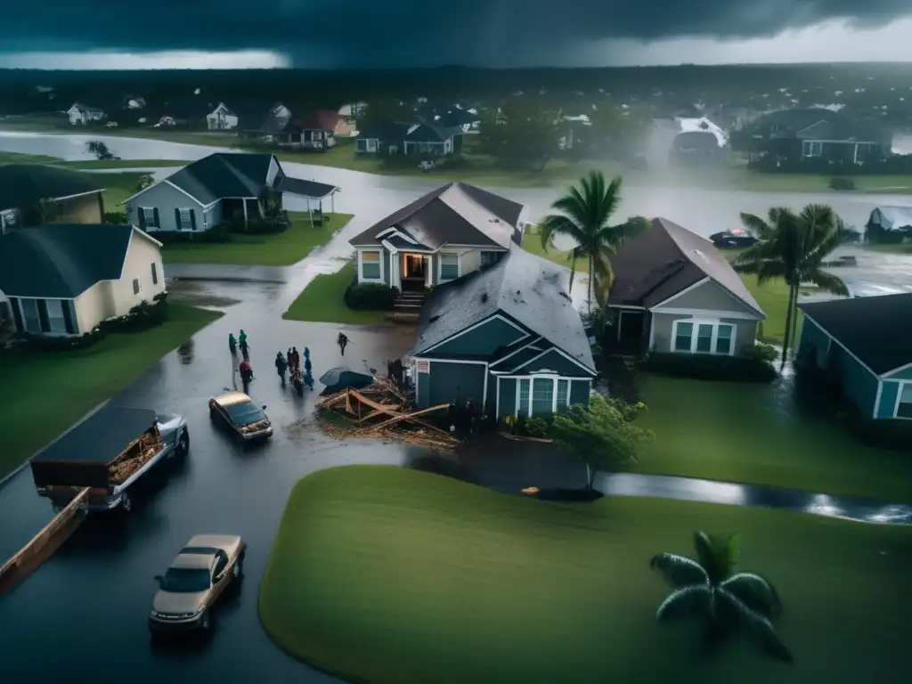 A harrowing scene of devastation: people gather in the rain amidst wrecked homes after a hurricane strikes, the stormy sky looming ominously above