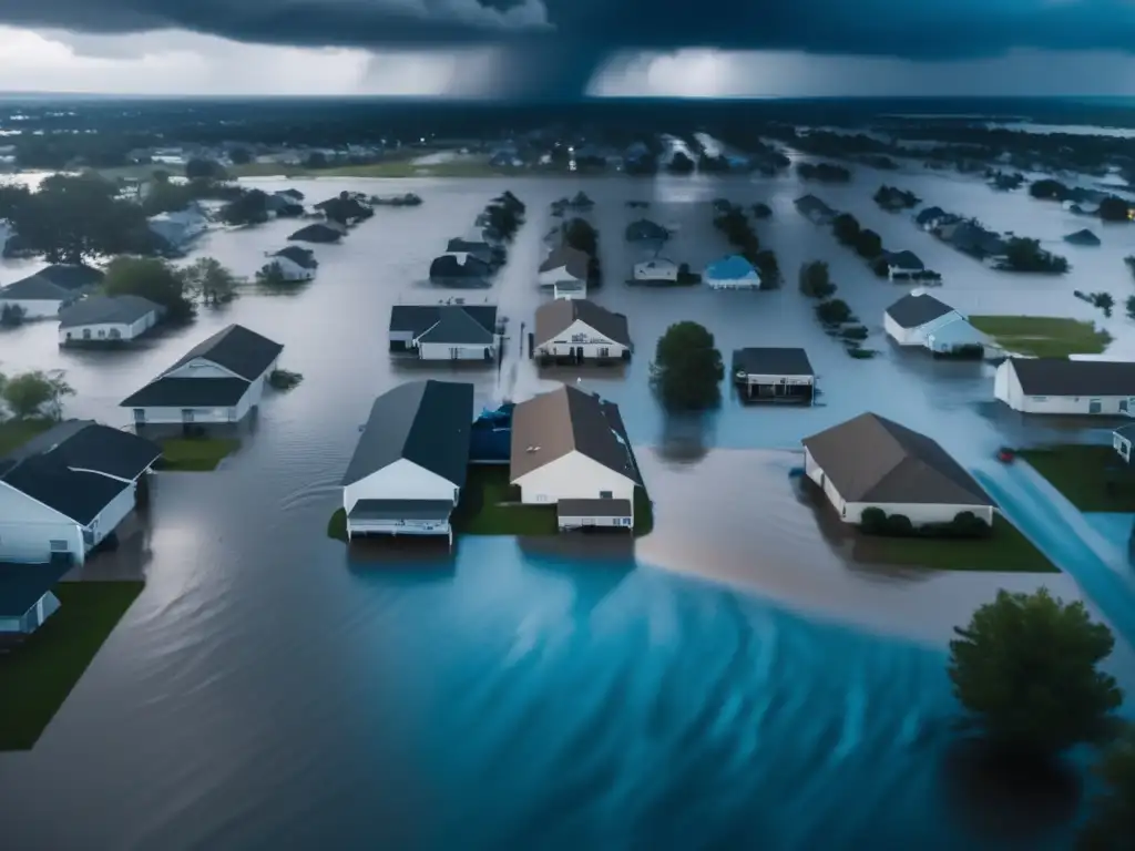 Destruction in sight: An aerial shot of a town ravaged by a hurricane, with flooded streets and storm clouds shrouding the sky