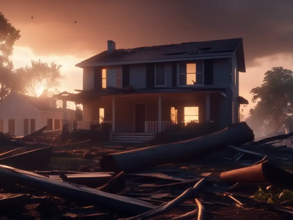 A sobering view of a devastated home in the aftermath of a hurricane, with towering trees and scattered debris blocking the sun's rays