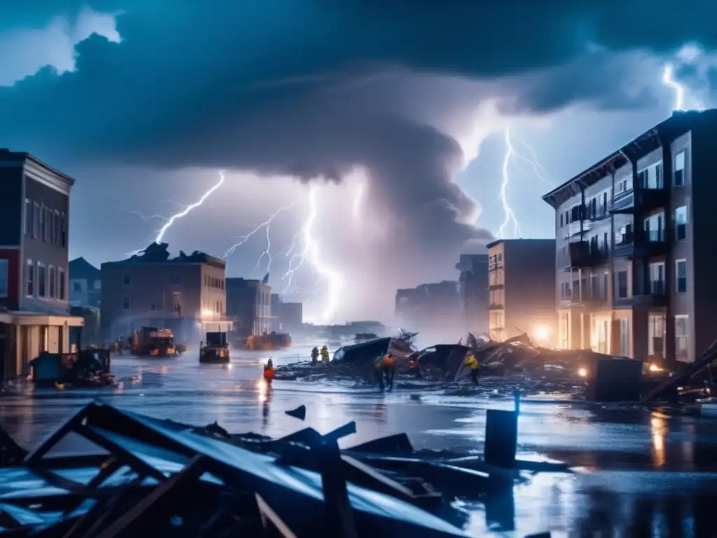 A cinematic image of a hurricane strikes a city, leaving debris floating on the water