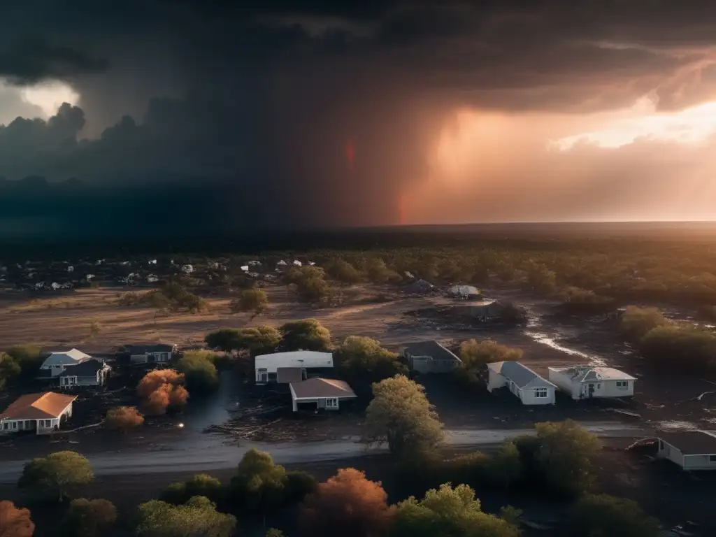 A haunting aerial shot of a post-hurricane landscape, where buildings and trees are ripped apart by the storm, as the sun sets behind a stormy sky