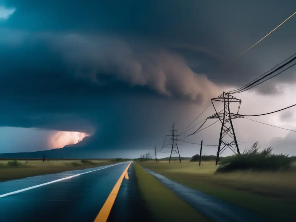 Amidst the wreckage of a hurricane, the aftermath of the storm is evident with downed power lines extending out into the desolate landscape