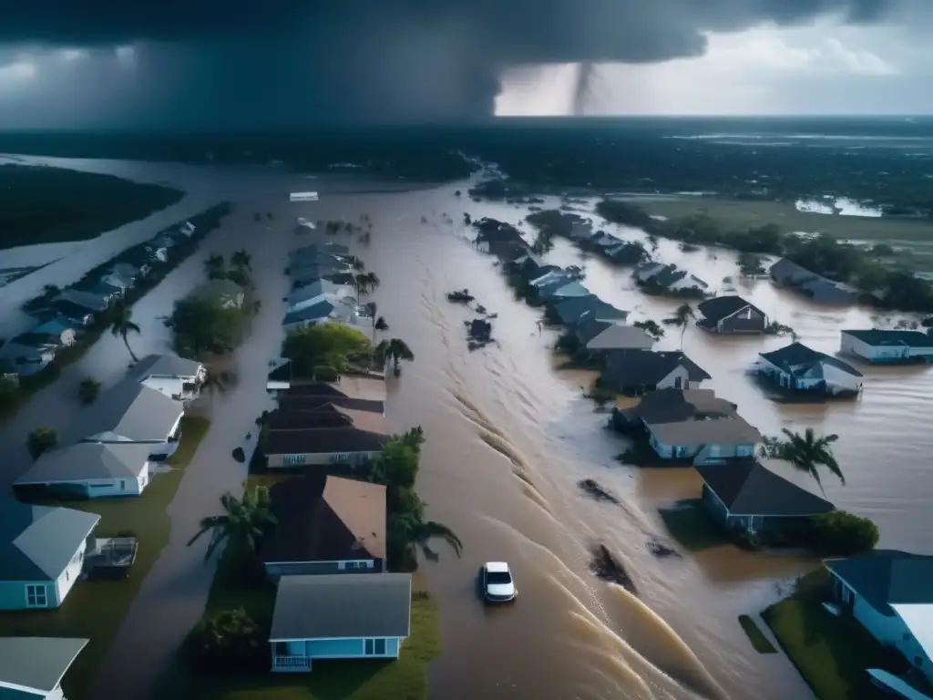 A heart-wrenching aerial view of the devastating aftermath of Hurricane (2018), showcasing flooded areas and destroyed structures in a cinematic style