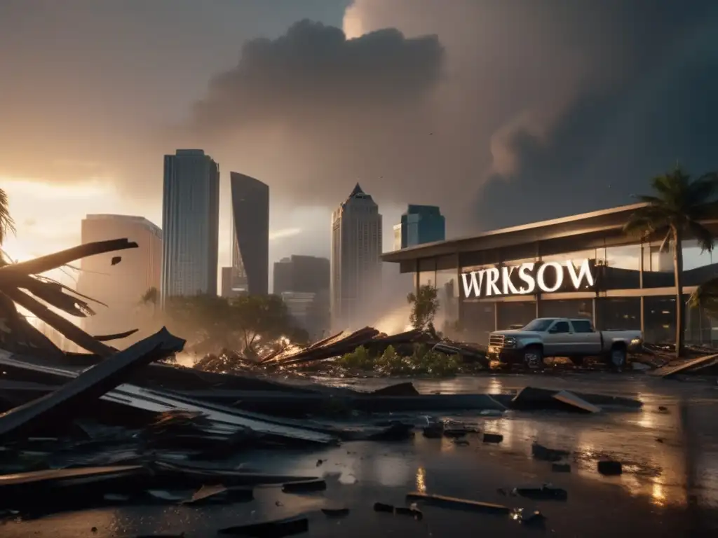 A cinematic image of the devastating aftermath of a hurricane on a business district