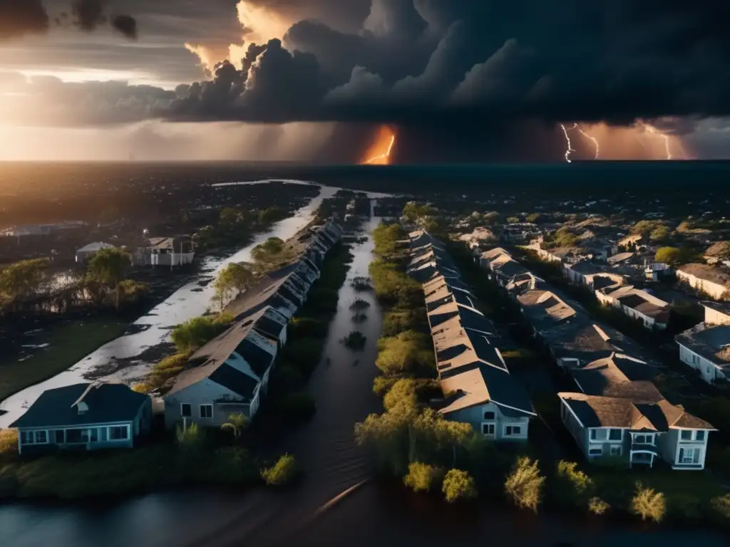 Hurricane devastated cityscape, sun sets behind ominous clouds, casting dramatic shadow on destroyed buildings