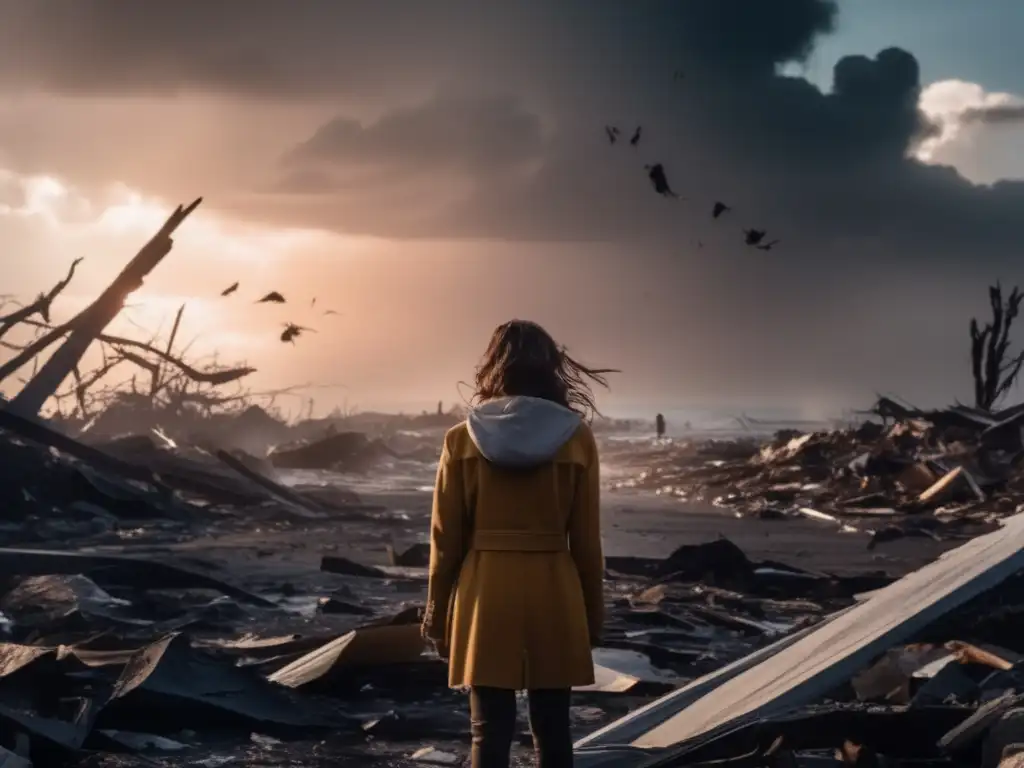 Amidst the destruction caused by a hurricane, a person stands tall on a ruined building, gazing into the horizon with a resigned expression