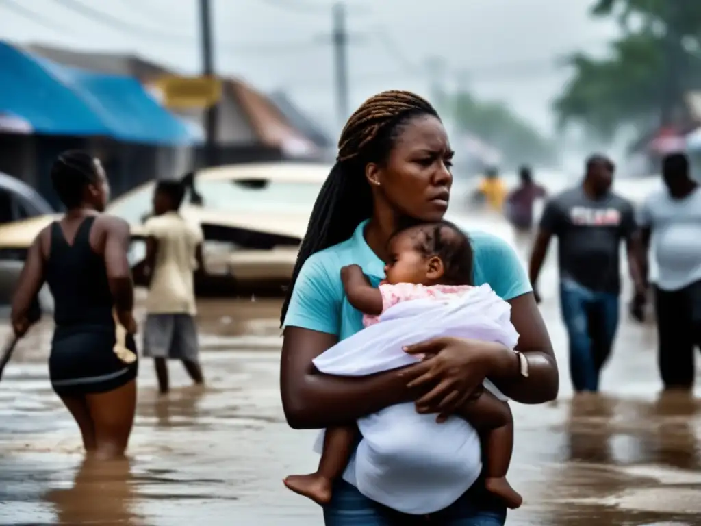 A devastated young mother clutches her crying baby tightly as they wade through a flooded street filled with wreckage and despair