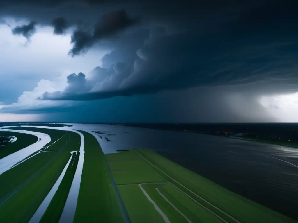 Documental, cinematic, shadowy, grim, and melancholic image of hurricanes and floodwater engulfing New Orleans coastline and neighboring areas