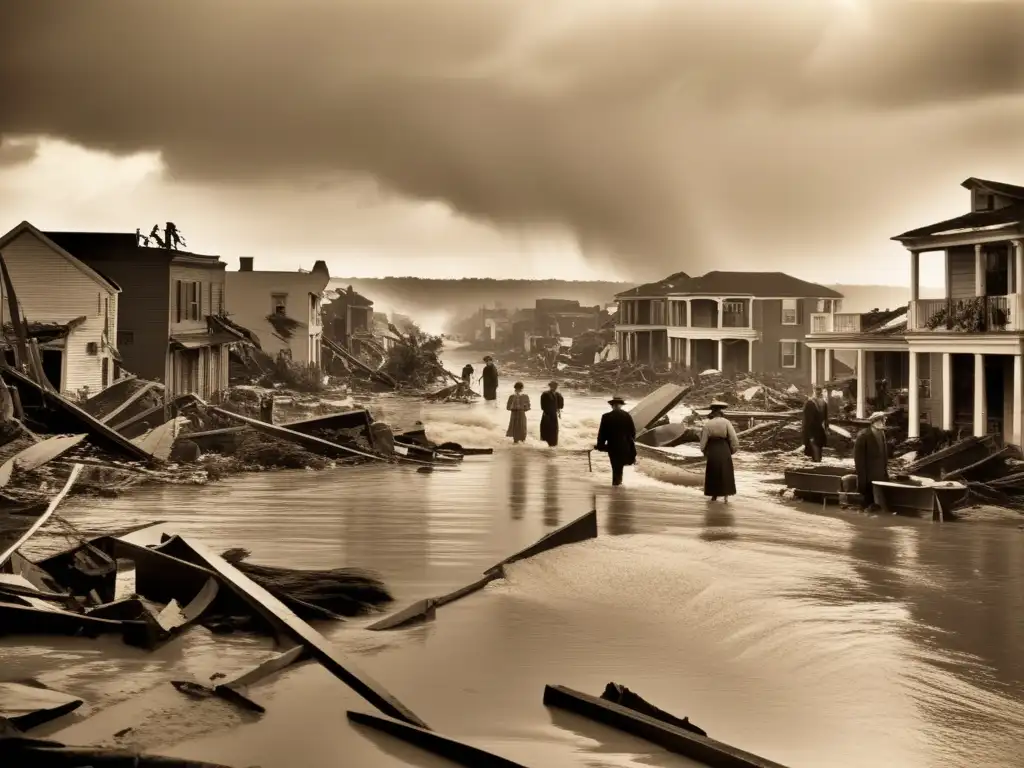 A haunting image of the aftermath of the Great Hurricane of 1938, capturing the devastation of the landscape and the impact on people's lives