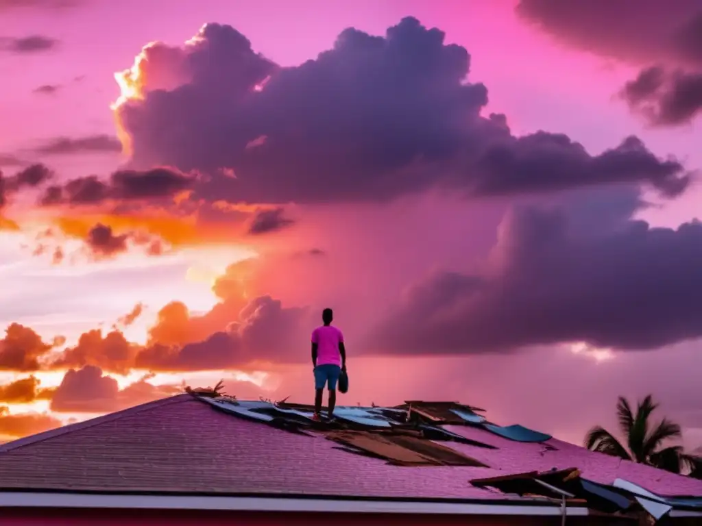 A person stands atop a wrecked roof, gazing out at the devastation wrought by a hurricane as the setting sun casts a warm glow behind the clouds