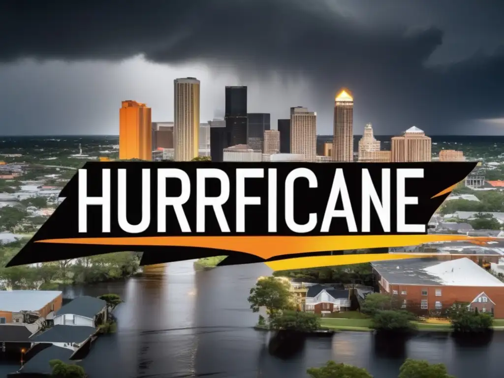 A black background with a cityscape in the foreground, showcasing hurricane damage