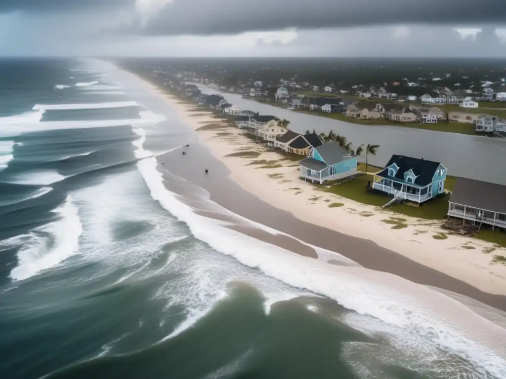 A heartrending aerial view of a hurricane-ravaged coastal town, with crumbling structures fighting against churning waves in the distance