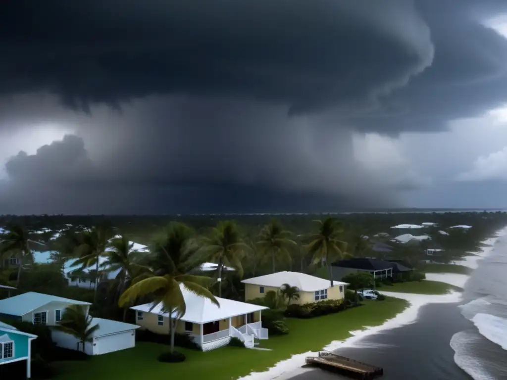 Hurricane Aileen makes landfall on a small island, causing widespread destruction to homes and businesses in the foreground