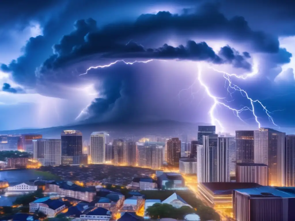 A cinematic shot of a massive hurricane tearing through a chaotic cityscape, with lightning bolts and thunderous sound effects