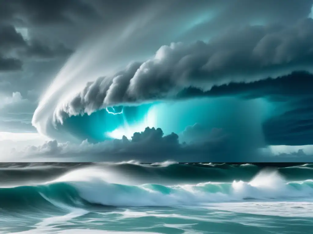 Awe-inspiring cinematic image of Hurricane Andrew swirling over the ocean, its massive form illuminated by sunlight reflecting off the turquoise waves