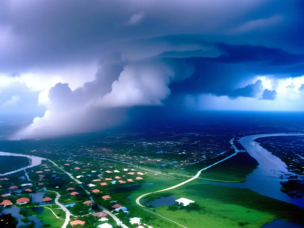 Hurricane Andrew's full destructive power is captured in this dramatic aerial view, with stormy clouds and rainwood in the background