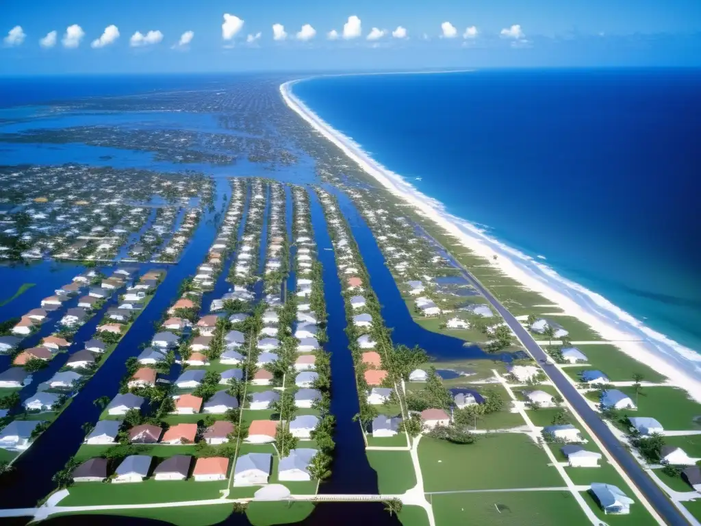 album photography - Devastating aftermath of Hurricane Andrew in South Florida as seen from above, with clear blue skies and shattered homes visible in the distance