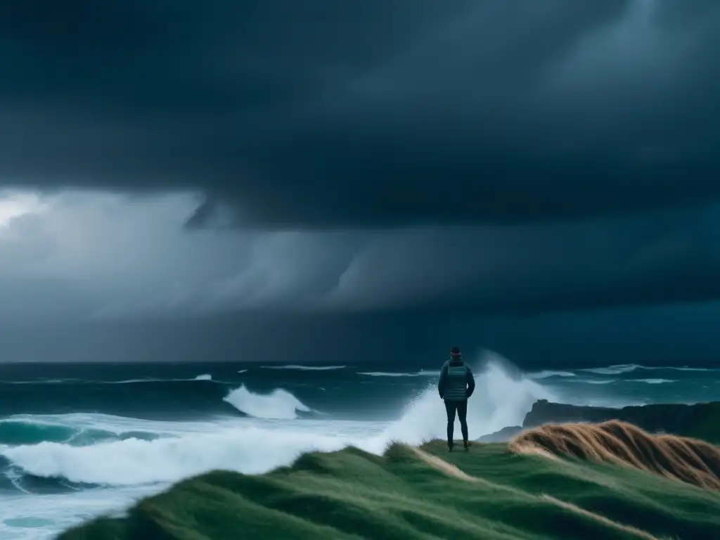 A person standing on the edge of a cliff, with a stormy sky and undulating waves in the background