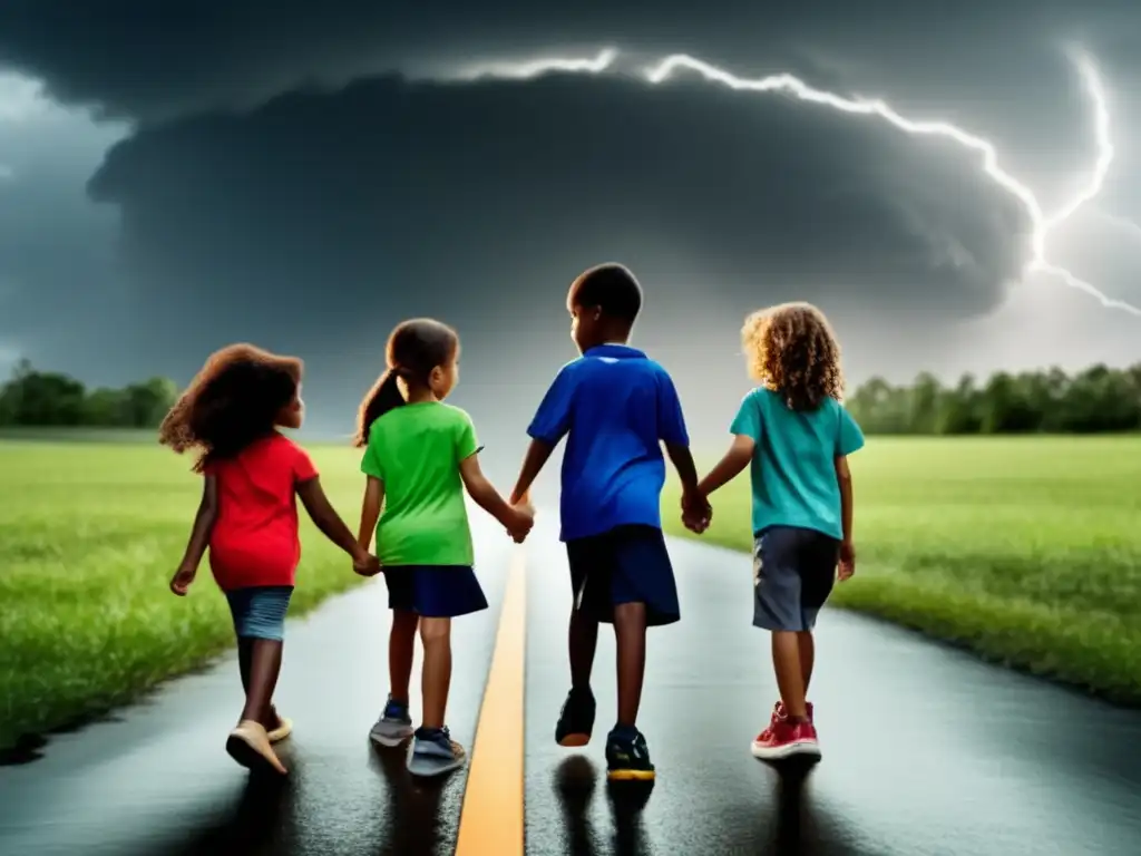 A highly detailed, cinematic image of children standing together, holding hands and looking scared in a hurricane-stricken environment