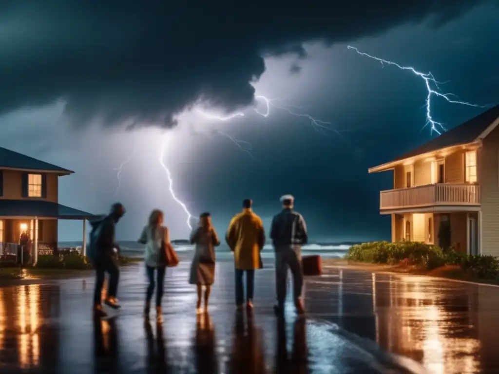 Hurricane chaos: A terrifyingly cinematic image of a storm rapidly approaching a small coastal town, capturing the raw power of lightning and torrential rain as people take shelter in a nearby public building -