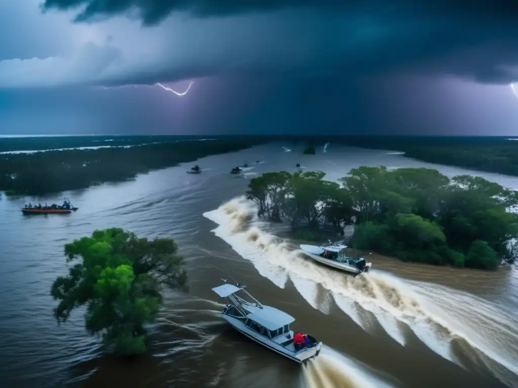 Bayou during a hurricane: waves crash onto the shore, trees sway in the wind, lightning illuminates stormy clouds, and isolated fishermen desperately steer their boats away from the relentless storm, showcasing the intensity and danger while highlighting the fragile beauty of the natural environment under threat