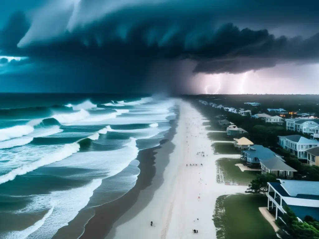 An aerial view of a turbulent beach during a hurricane