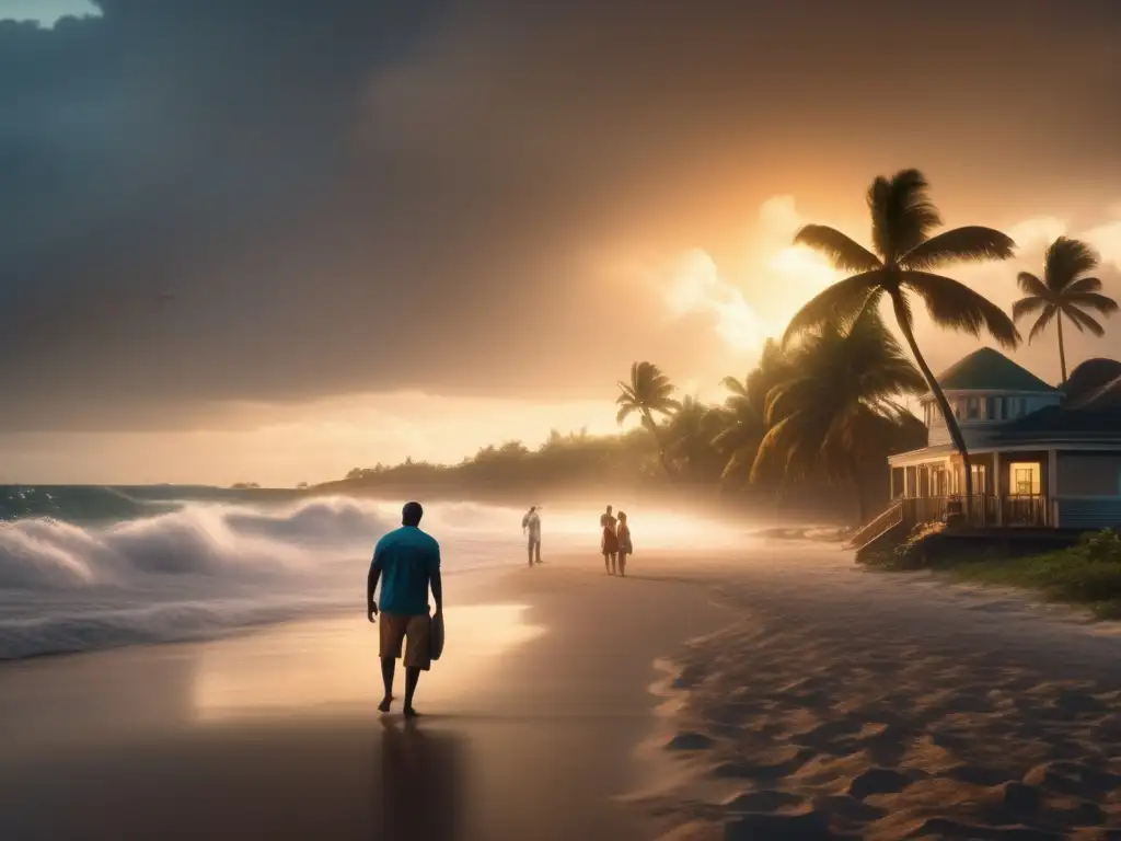 A stormy paradise: Hurricane-torn beach, waves crashing, wind whipping trees, people huddle, lone figure walks away, worried and scared