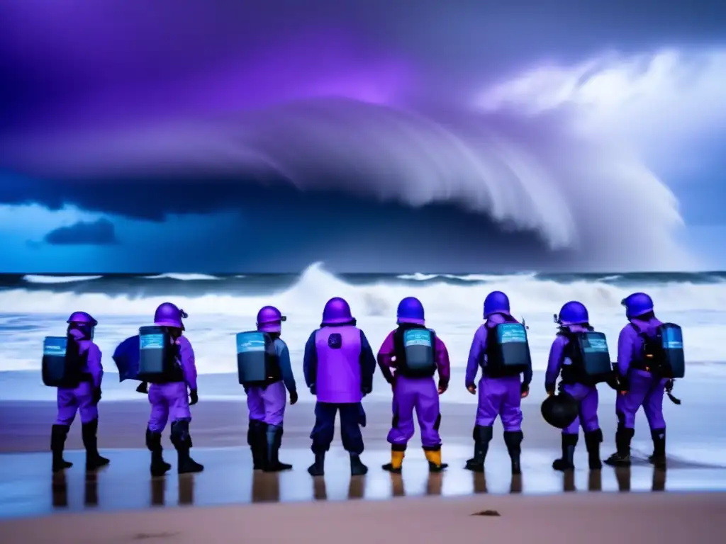 : 'Raging waves crash onto a shore as winds rage through a group of people on a beach during a hurricane