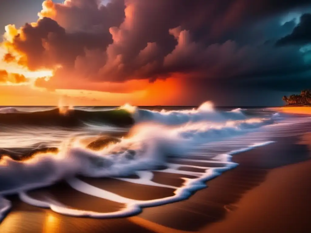 Amidst the chaos of a hurricane, the beach holds its ground, waves come crashing in and trees are torn apart by the wind