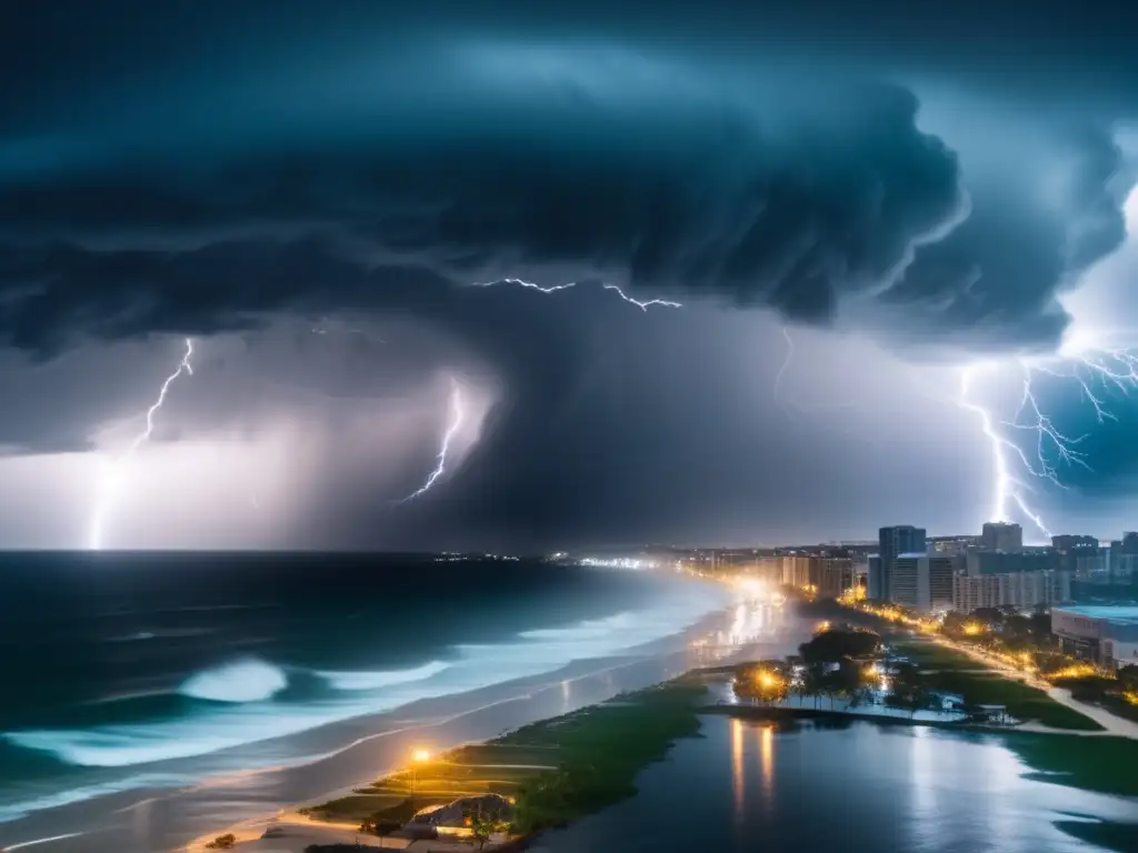 A haunting photograph of a hurricane, its dark clouds swirling ominously over the ocean