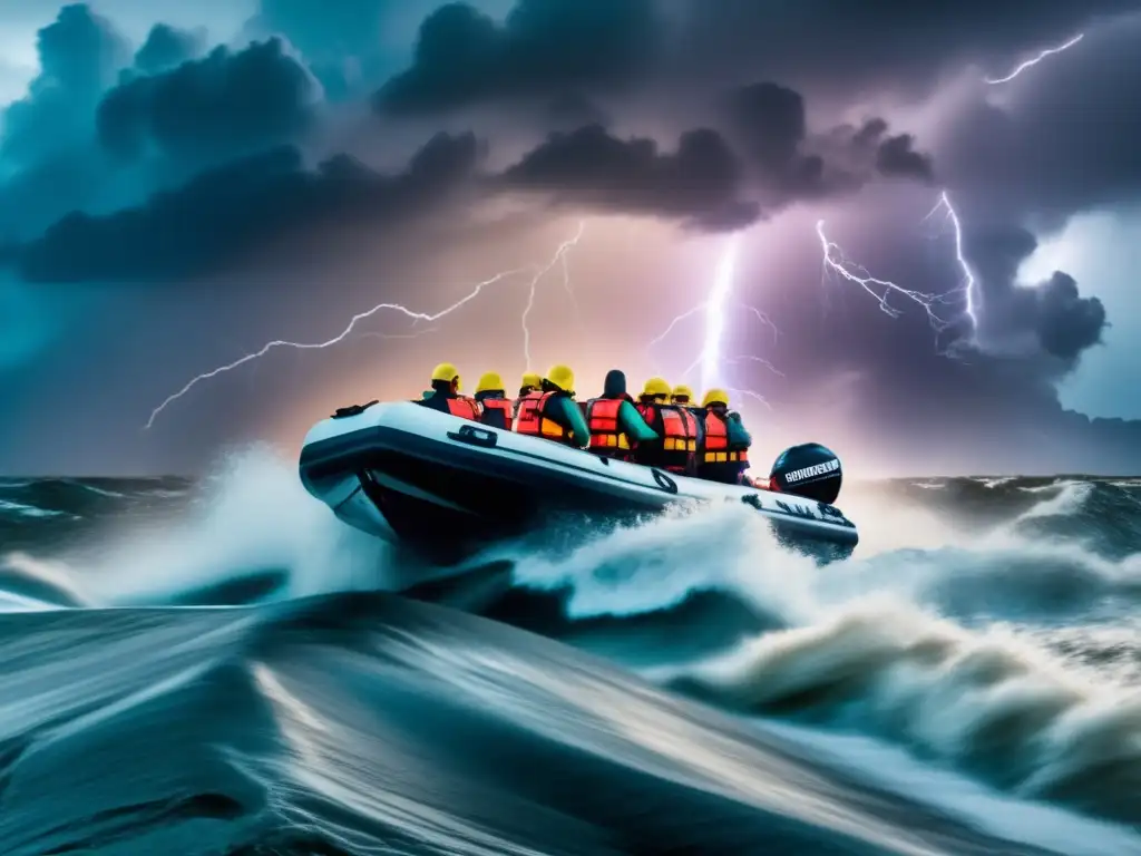 An intense cinematic image of an inflatable boat battling through stormy waters during a hurricane, with lightning flashing in the distance